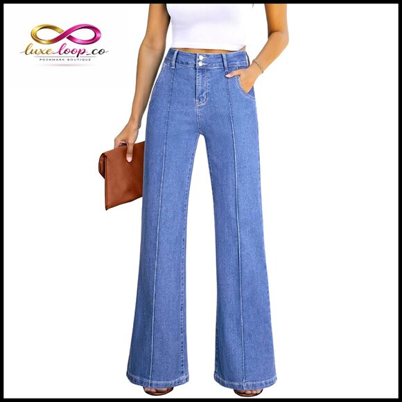 Wide Leg High Waisted Stretch Denim Jeans Casual Baggy Fit Pants
